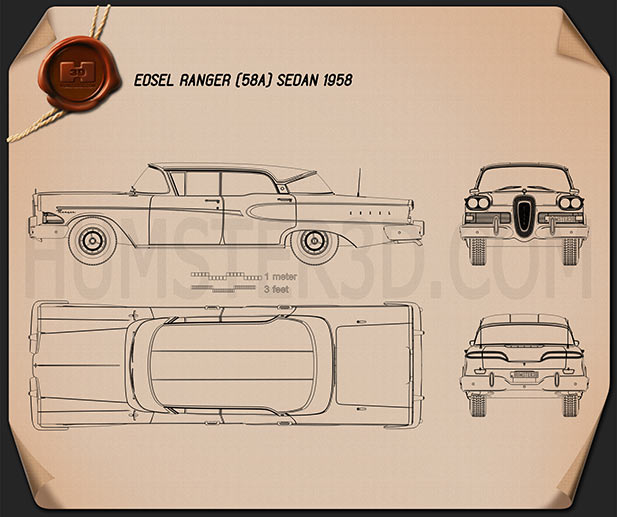Edsel Ranger 세단 1958 테크니컬 드로잉