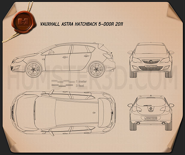 Vauxhall Astra hatchback 5 porte 2011 Disegno Tecnico