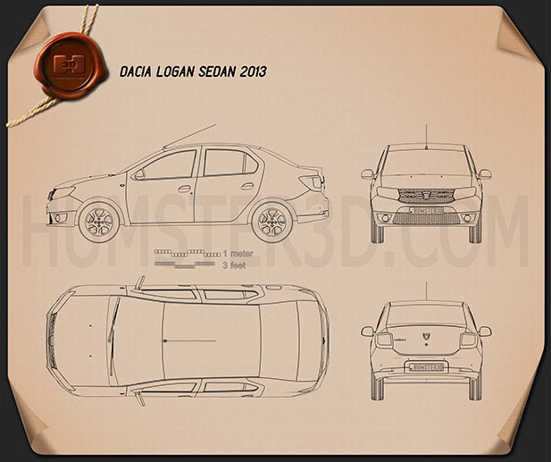 Dacia Logan 세단 2013 테크니컬 드로잉