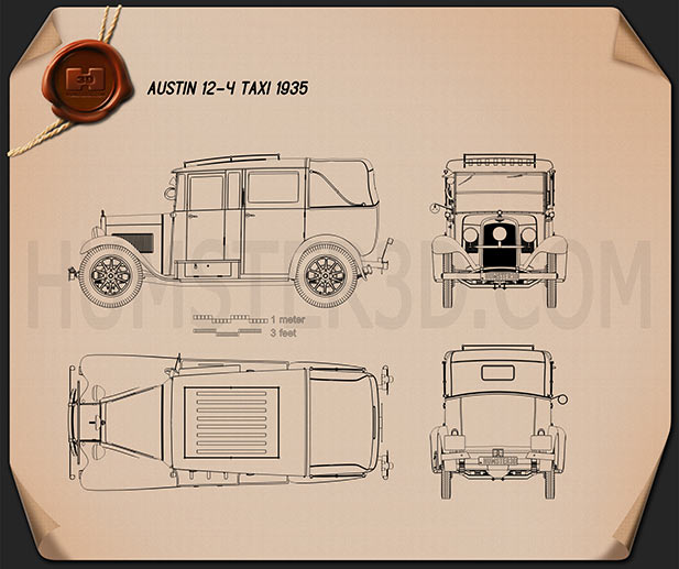 Austin 12/4 택시 1935 테크니컬 드로잉