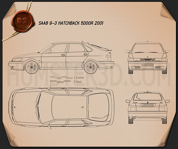 Saab 9-3 hatchback 5-door 2001 Blueprint - Hum3D