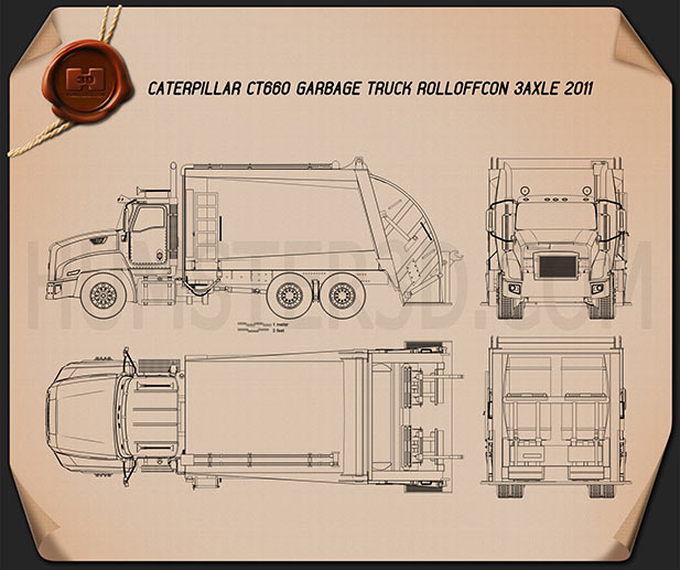 Caterpillar CT660 Rolloffcon ごみ収集車 2011 設計図