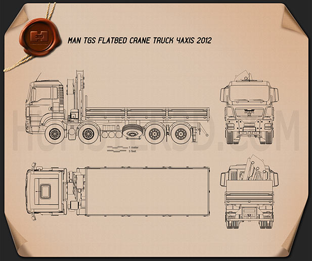 MAN TGS Flatbed Crane Truck 2012 Blueprint