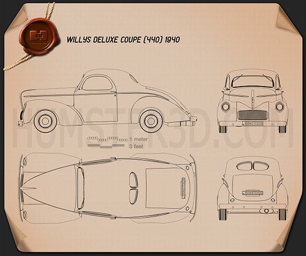 Willys Americar DeLuxe Coupe 1940 Disegno Tecnico