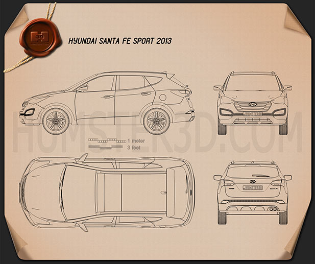 Hyundai Santa Fe Sport 2013 Blueprint Hum3D