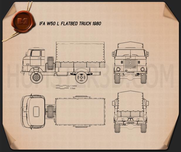 IFA W50 L Flatbed Truck 1980 Disegno Tecnico