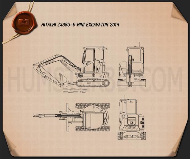 Hitachi ZX38U-5 Mini Escavatore 2014 Disegno Tecnico