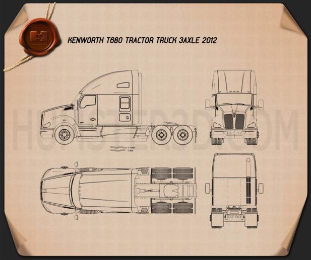 Kenworth T680 트랙터 트럭 3축 2012 테크니컬 드로잉