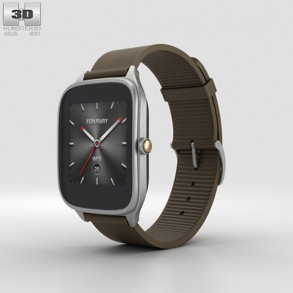 Asus Zenwatch 2 1.63-inch Silver Case Brown Rubber Band Modello 3D