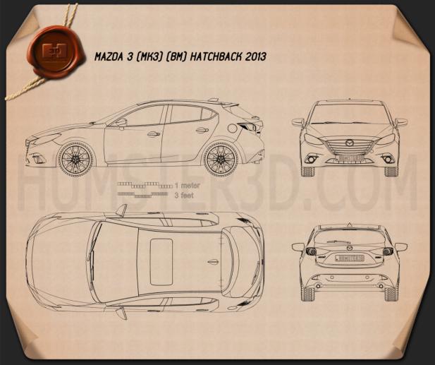 Mazda 3 해치백 2014 테크니컬 드로잉