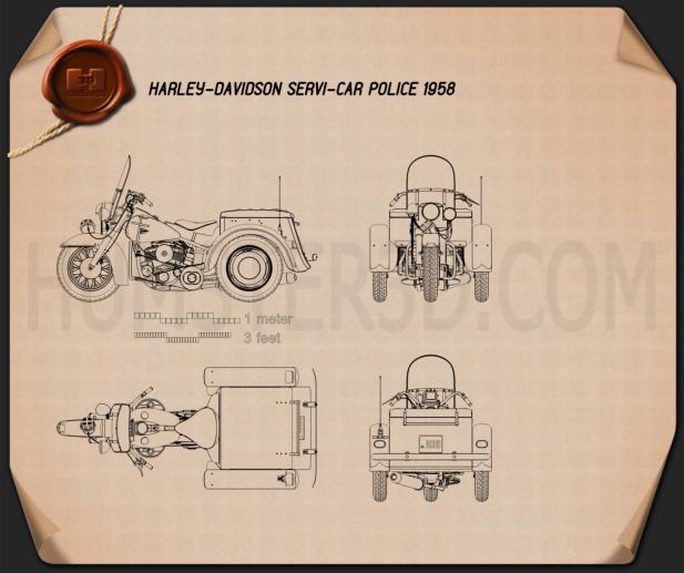 Harley-Davidson Servi-Car Polizia 1958 Disegno Tecnico
