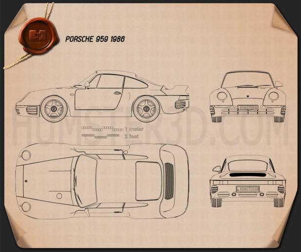 Porsche 959 1986 Disegno Tecnico