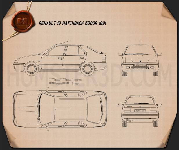 Renault 19 5 porte hatchback 1988 Disegno Tecnico