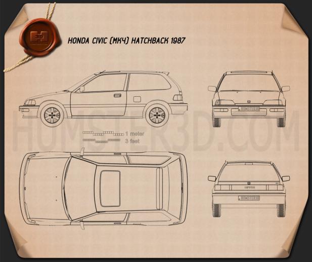 Honda Civic 해치백 1987 테크니컬 드로잉