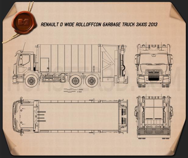 Renault D Wide Rolloffcon Garbage Truck 2013 Blueprint