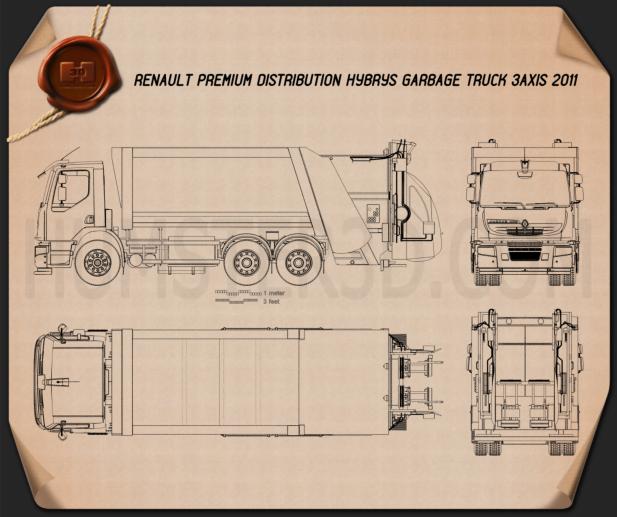 Renault Premium Distribution Hybrys Camion della spazzatura 2011 Disegno Tecnico
