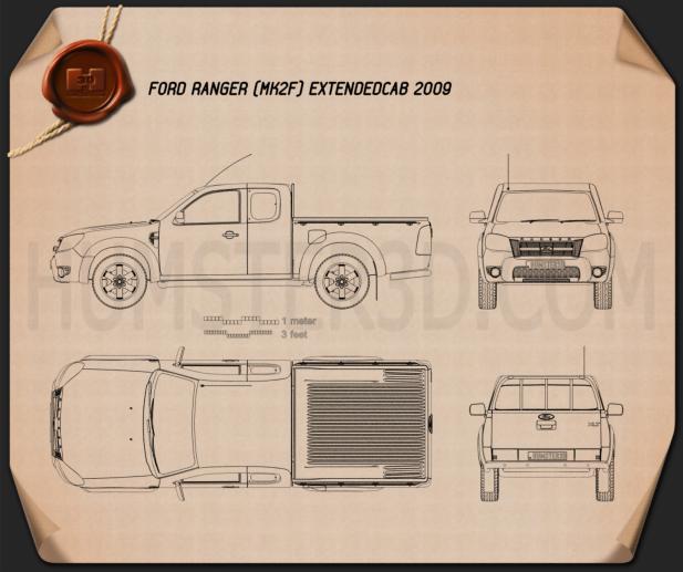 Ford Ranger Extended Cab 2009 Blueprint - Hum3d