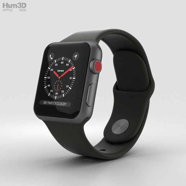 Apple Watch Series 3 38mm GPS + Cellular Space Gray Aluminum Case Black Sport Band Modèle 3D