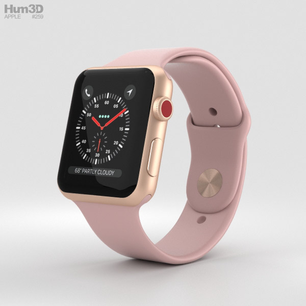 Apple Watch Series 3 42mm GPS + Cellular Gold Aluminum Case Pink Sand Sport Band 3D model