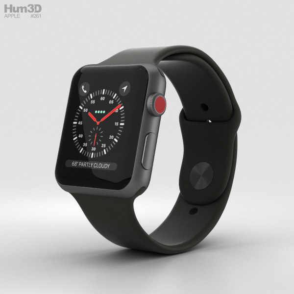 Apple Watch Series 3 42mm GPS + Cellular Space Gray Aluminum Case Black Sport Band 3D 모델 