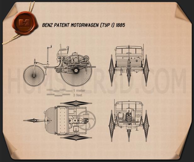 Benz Patent-Motorwagen 1885 Disegno Tecnico