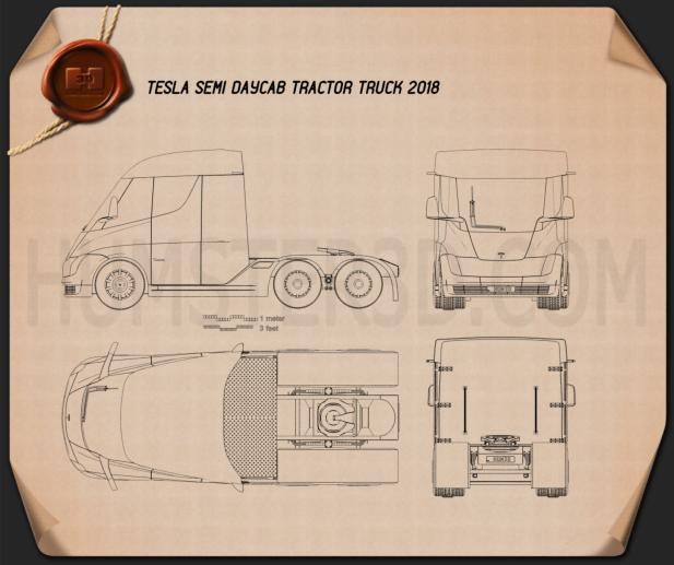 Tesla Semi Day Cab Tractor Truck 2018 Blueprint