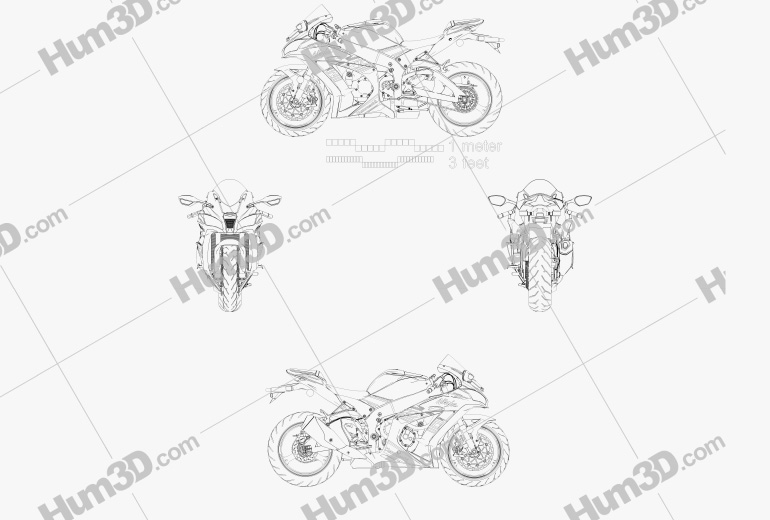 Kawasaki Ninja ZX-10R 2017 Blueprint - Hum3D