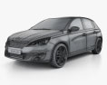 Peugeot 308 해치백 인테리어 가 있는 2016 3D 모델  wire render